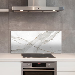 Glamour Marble Glass Backsplash, White Kitchen Glass Panel, Gray Wall Tempered, Minimalist Printed Backsplash