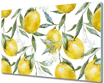 Lemons Leaf Tropical Fruity Yellow Splashback, Green Induction Cover, Fruits Cutting Board, Tempered Glass, Rounded Corners, Chopping Board