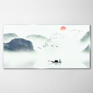 Impression sur verre brouillard paysage naturel, impression sur verre blanc, tableau gris, art moderne, suspensions en métal, verre trempé