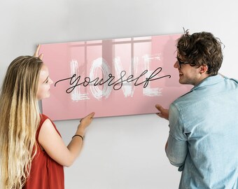 Pizarra magnética con inscripción "Ámate a ti mismo", lista de tareas para la pared, pizarra rosa con mensajes, pizarra divertida para exhibir fotos en la pared, marcador + esponja.