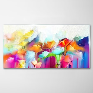 Impression sur verre Fleurs colorées abstraites, Impression sur verre rose, Art moderne bleu, Décoration murale abstraite, Pendentifs en métal, Verre trempé