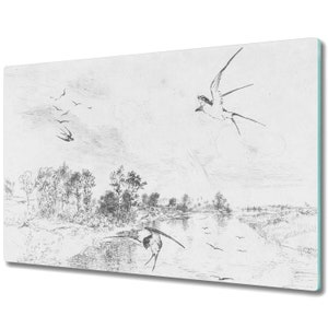 Puede incluir: Un dibujo a lápiz en blanco y negro de un paisaje con un río y pájaros volando en el cielo. El dibujo está sobre un fondo blanco.