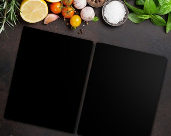 Modern zwart donker origineel motief spatscherm, keukenpaneel, snijplank, onyx backsplash, inductiedeksel, minimalistisch, gehard glas