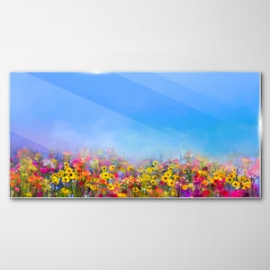 Impression sur verre fleurs des prés colorées, impression sur verre arc-en-ciel, impression d&#39;art bleu, art mural nature, suspensions en métal, verre trempé