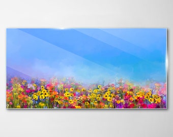 Colorful Meadow Flowers Glass Print, Rainbow Glass Print, Blue Art Print, Nature Wall Art, Metal Pendants, Tempered Glass