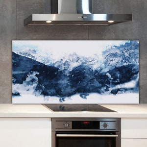 Frozen Mountains Glass Backsplash, Blue Kitchen Glass Panel, White Wall Tempered, Landscape Printed Backsplash