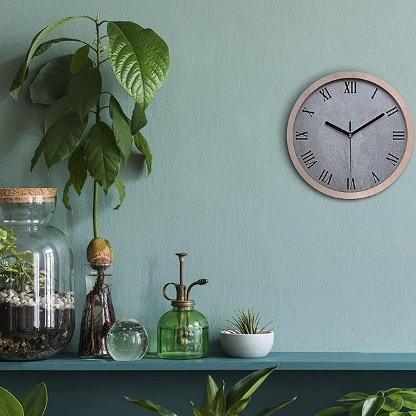 Concrete Wall Clock, Gray Wooden Wall Print, Black Minimalist Room Clock, Modern Art, Black Or White Clock Hands