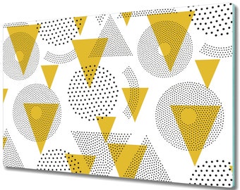 May include: A seamless pattern featuring yellow triangles and circles on a white background. The triangles and circles are filled with black polka dots.