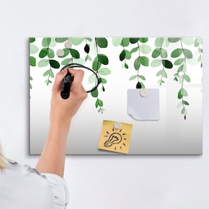 Pizarra magnética con hojas de plantas, centro de mando, tablero de exhibición verde, organizador de pared con flores y plantas, marcador de borrado en seco