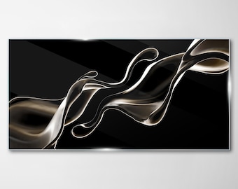 Modern Wave Abstraction Style Glass Print, Black Glass Print, White Photo On Glass, Abstract Picture, Metal Pendants, Tempered Glass