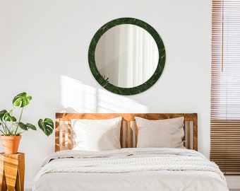 Mirror With Frame,  Unique Wall Decoration, Abstract Leaf, Green,  Decorative Mirror, Circle Mirror, Round Mirror, Tempered Glass