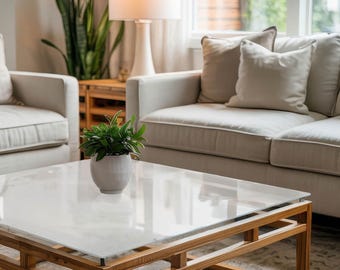 Puede incluir: Salón con una mesa de centro cuadrada con tapa de cristal transparente y marco de madera clara. Una pequeña planta en maceta está sobre la mesa. Un sofá beige y dos sillones están en el fondo, junto con una lámpara y una ventana.