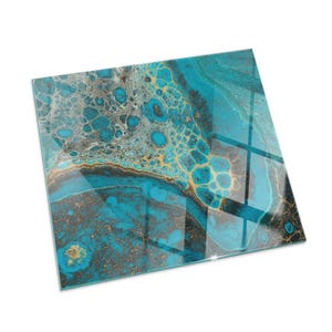 Organic Pattern Rectangular Stove Hearth Plate, Turquoise Fireplace Decoration, Glass Fireplace Floor Plate, Modern Fireplace Hearth
