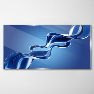 Impression sur verre vagues bleues irrégulières, impression sur verre bleu, art mural blanc, abstraction art moderne, suspensions en métal, verre trempé