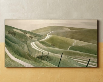 Krijtpaden 1935 Eric Ravilious grote canvaskunst, groene moderne patronen, beige bestsellers motief, getextureerde landschapsprint