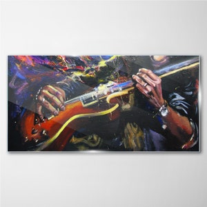 Guitare peinte colorée, impression sur verre, impression sur verre marron, décoration murale violette, impression d&#39;art musique, pendentifs en métal, verre trempé