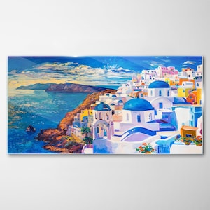 Île de Santorin, Grèce, impression sur verre, impression sur verre blanc, art mural bleu, impression d&#39;art, suspensions en métal, verre trempé