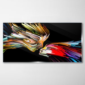Impression sur verre couple visages colorés abstraits, Impression sur verre rouge, Impression jaune sur verre trempé, Art mural abstrait, Pendentifs en métal