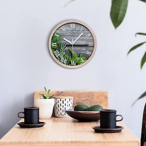 Herbs On The Wood Wood Wall Clock, Gray Modern Wall Clock, Green Living Room Room Clock, Food, Home Office Decor