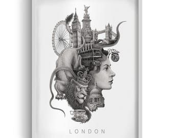 London City Black and White Wall Art, London Illustration in Frame, City Art Frame, London in Frame