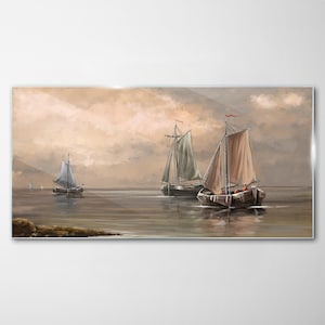 Impression sur verre Twilight Natural Sea Boats, impression sur verre marron, photo beige sur verre, art moderne, suspensions en métal, verre trempé