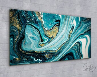 Abstraction Modern Marble Glass Print, Blue Glass Print, Gold Wall Decor, Abstract Glass Wall Art, Metal Pendants, Tempered Glass