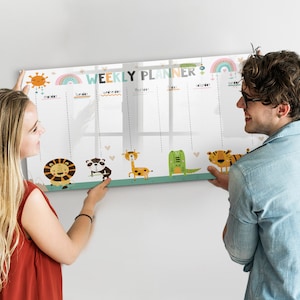 Pizarra magnética semanal con diseño de animales, tablero de notas, horario multicolor, organizador de calendario reutilizable, marcador de borrado en seco