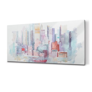 New York Cityscape Aquarelle Glass Splashback, Purple Kitchen Glass Panel, White Wall Tempered, Architecture Printed Backsplash