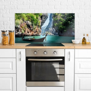 Boat And Railay Beach In Krabi Glass Splashback, Green Kitchen Glass Panel, Blue Wall Tempered, Thailand Printed Backsplash