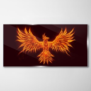 Impression abstraite sur verre aigle de feu oiseau, impression sur verre noir, art mural orange, art mural sur verre animaux, suspensions en métal, verre trempé
