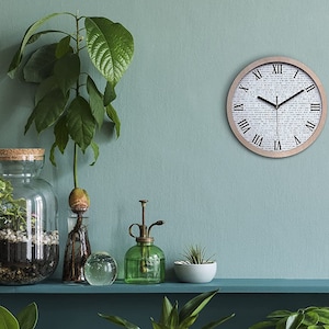 Pode incluir: Um relógio branco com algarismos romanos numa parede verde claro. O relógio tem uma moldura de madeira e está pendurado na parede. Há plantas e um frasco de vidro com uma planta dentro numa prateleira abaixo do relógio.