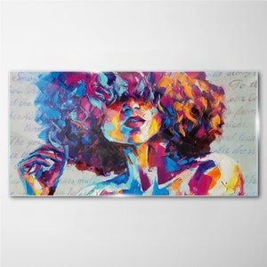 Impression sur verre visage de femme coloré moderne, Impression sur verre violet, Art moderne bleu, Tableau abstrait, Pendentifs en métal, Verre trempé