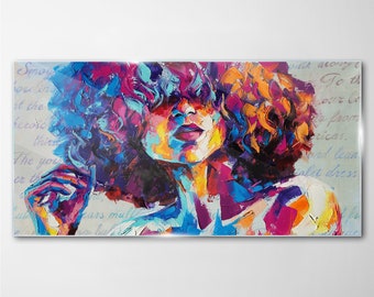 Modern Colorful Woman Face Glass Print, Purple Glass Print, Blue Modern Art, Abstract Picture, Metal Pendants, Tempered Glass