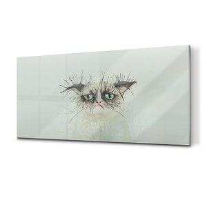 Sad Cat Glass Splashback, White Kitchen Glass Panel, Gray Wall Tempered, Animal Printed Backsplash