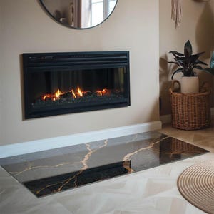 Elegant Marble With Veins Rectangular Fireplace Hearth, Black Fireplace Decoration, Glass Hearth Extension, Elegant Stove Hearth Plate