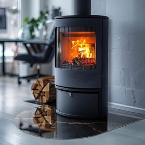 Eleganter Marmor mit Adern, runder Kamin, schwarze Kamindekoration, Glasherdverlängerung, elegante Ofenherdplatte