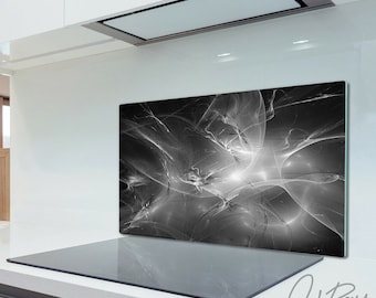 Spatscherm onregelmatige abstractie golven, snijplank, zwarte snijplank, witte backsplash, cadeau-idee, gehard glas, afgeronde hoeken