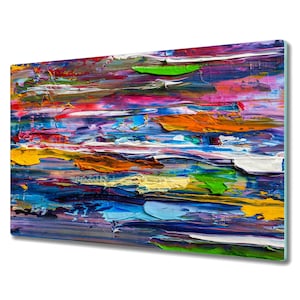 Puede incluir: Pintura abstracta con pinceladas horizontales de colores en tonos de azul, verde, amarillo, naranja, rosa y morado.