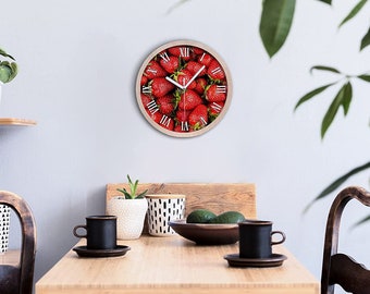 Delicious Strawberries Wooden Wall Clock, Red Silent Wall Clock, Green Gift Idea, Fruits, Rustic Clock