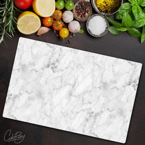 Marble Light Modern Abstract Minimalistic Splashback, Gray Backsplash, White Cutting Board, Tempered Glass, Rounded Corners, Wall Decor Art