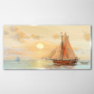 Peinture bateau, mer crépuscule, impression sur verre, impression sur verre jaune, photo orange sur verre, impression d&#39;art, suspensions en métal, verre trempé