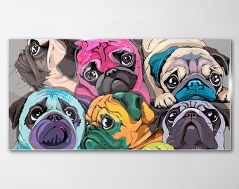 May include: A colorful illustration of six pugs with different colored fur, including pink, blue, yellow, and brown. The pugs are all looking at the camera with their tongues sticking out.