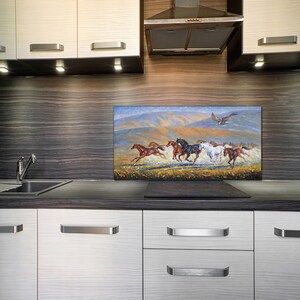 Gallop Glass Splashback, Brown Kitchen Glass Panel, Green Wall Tempered, Animals Printed Backsplash