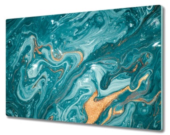 Onregelmatige spiraalgolf marmer abstracte spatscherm, gouden backsplash, moderne snijplank, gehard glas, afgeronde hoeken, keukenbeschermer