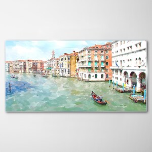 Impression sur verre maisons et gondoles de Venise, impression sur verre bleu, art mural beige, photo sur verre, suspensions en métal, verre trempé