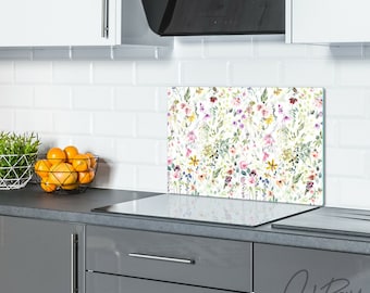 Kleurrijke abstracte bloemen bladeren groene spatscherm, roze backsplash, gebloemd keukenpaneel, gehard glas, afgeronde hoeken
