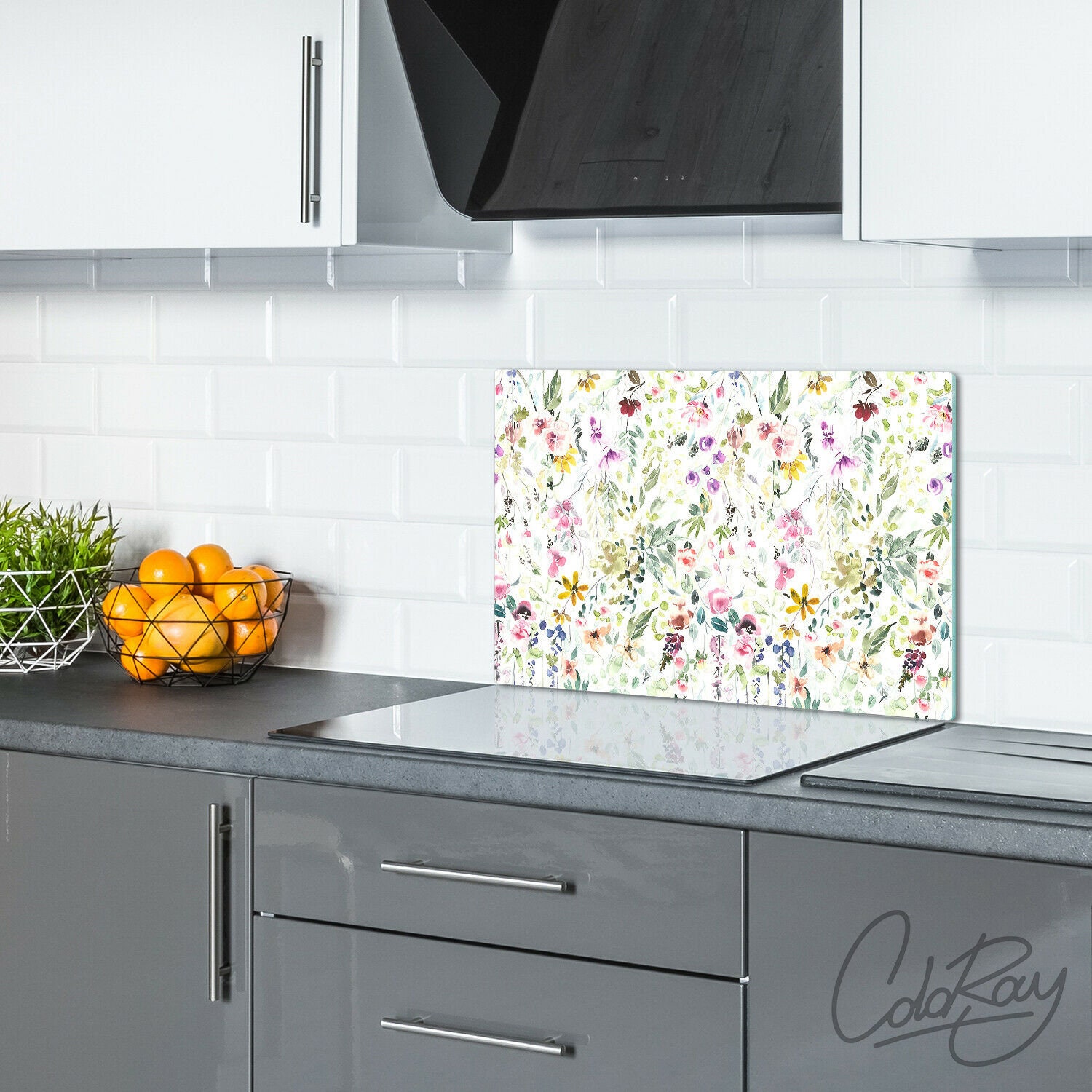 Planche à Découper En Verre Trempé - Motif Fleurs Floral - 80x52 Cm - Neuf