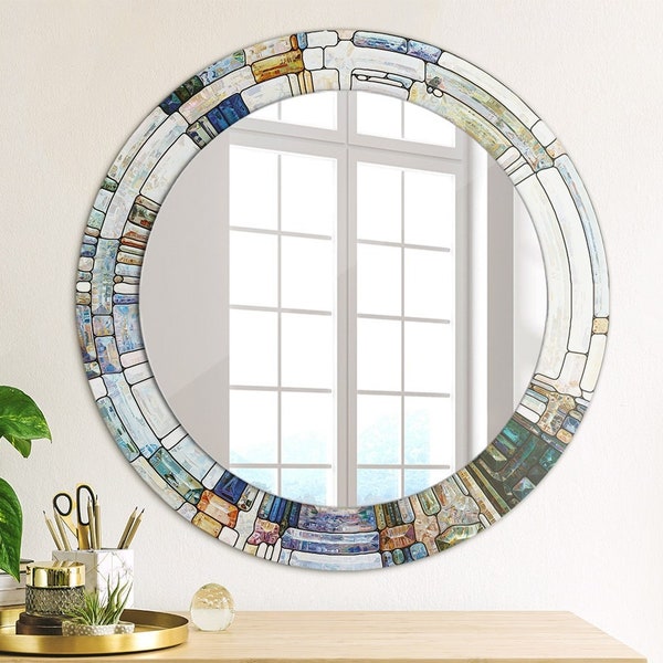 Abstraktes Glasmalerei, grau, Spiegeldruckrahmen, dekorativer Spiegel, Kreisspiegel, runder Spiegel, handgemacht