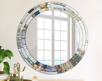 Abstraktes Glasmalerei, grau, Spiegeldruckrahmen, dekorativer Spiegel, Kreisspiegel, runder Spiegel, handgemacht