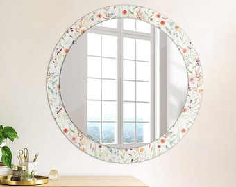 Fleurs sauvages, Blanc, Cadre imprimé miroir, Miroir mural unique, Cadeau pour femme, Verre trempé 4 mm, Fait main